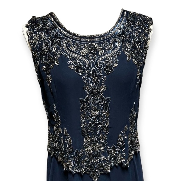 NEW J Kara Navy Mock 2 Piece Beaded Bodice Cap Sleeve Long Fit & Flare Dress - Picture 4 of 15